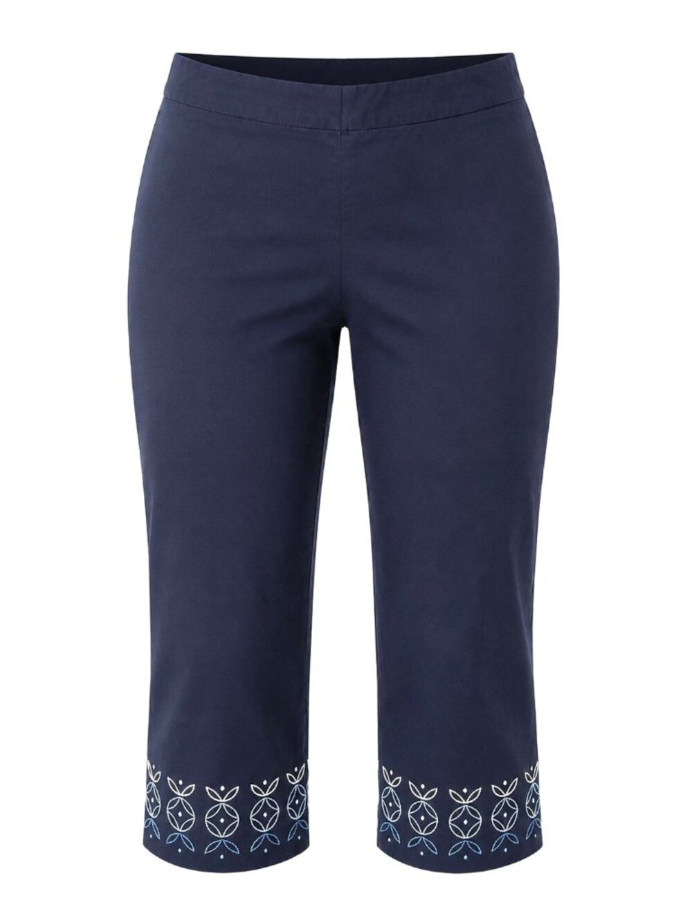 REQ Size 14 Navy Blue Embroidered Floral Capri Pants Coastal Preppy Resort Beach